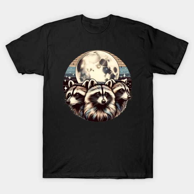 Retro Raccoon Trio: Vintage Graphic with Celestial Moon - Nostalgic, Dreamy, Mystical Illustration for Raccoon Lovers T-Shirt by Melisachic